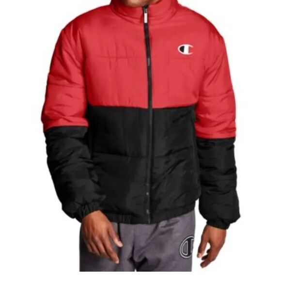 Champion Other - Champion Men's Stadium Colorblocked Red and Black Puffer Jacket, Large